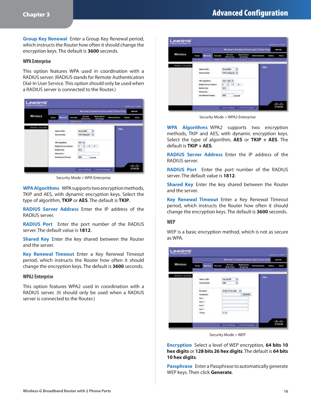 Linksys WRP400 manual WPA Enterprise, WPA2 Enterprise 