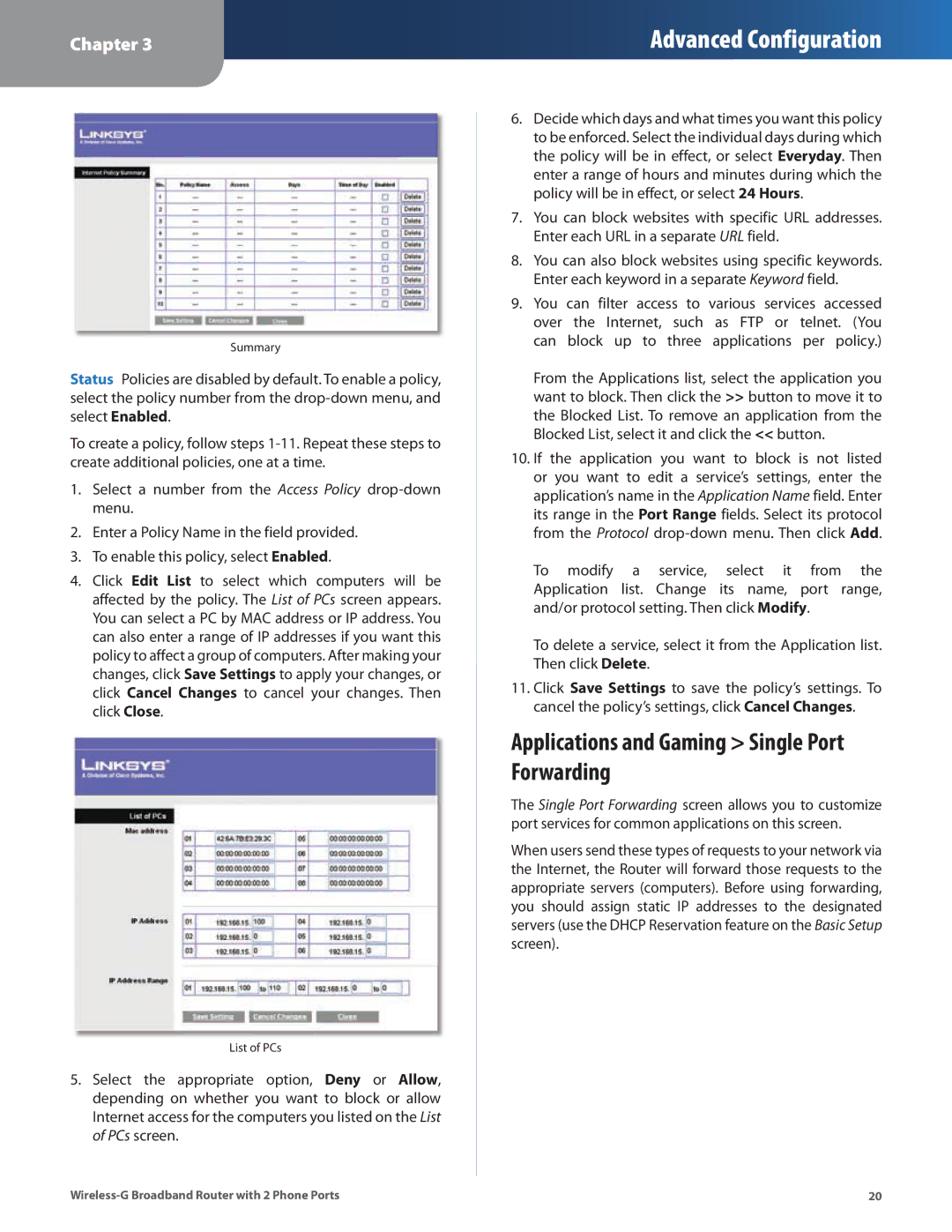 Linksys WRP400 manual Applications and Gaming Single Port Forwarding 