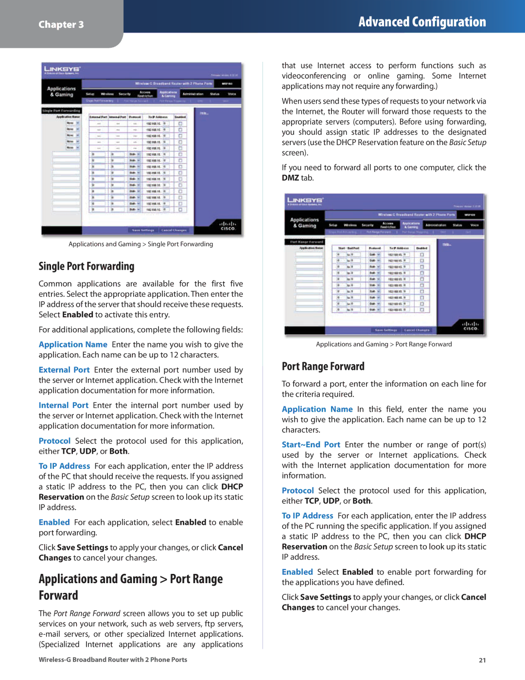 Linksys WRP400 manual Applications and Gaming Port Range Forward, Single Port Forwarding 