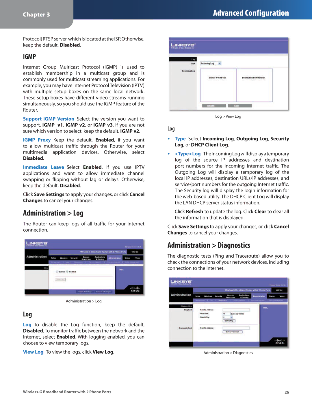 Linksys WRP400 manual Administration Log, Administration Diagnostics 