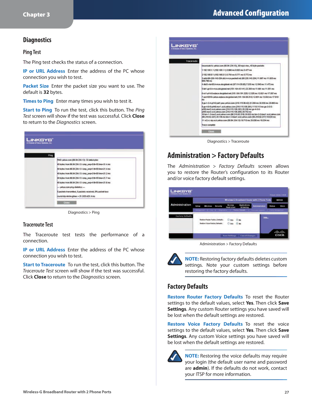 Linksys WRP400 manual Administration Factory Defaults, Diagnostics, Ping Test, Traceroute Test 