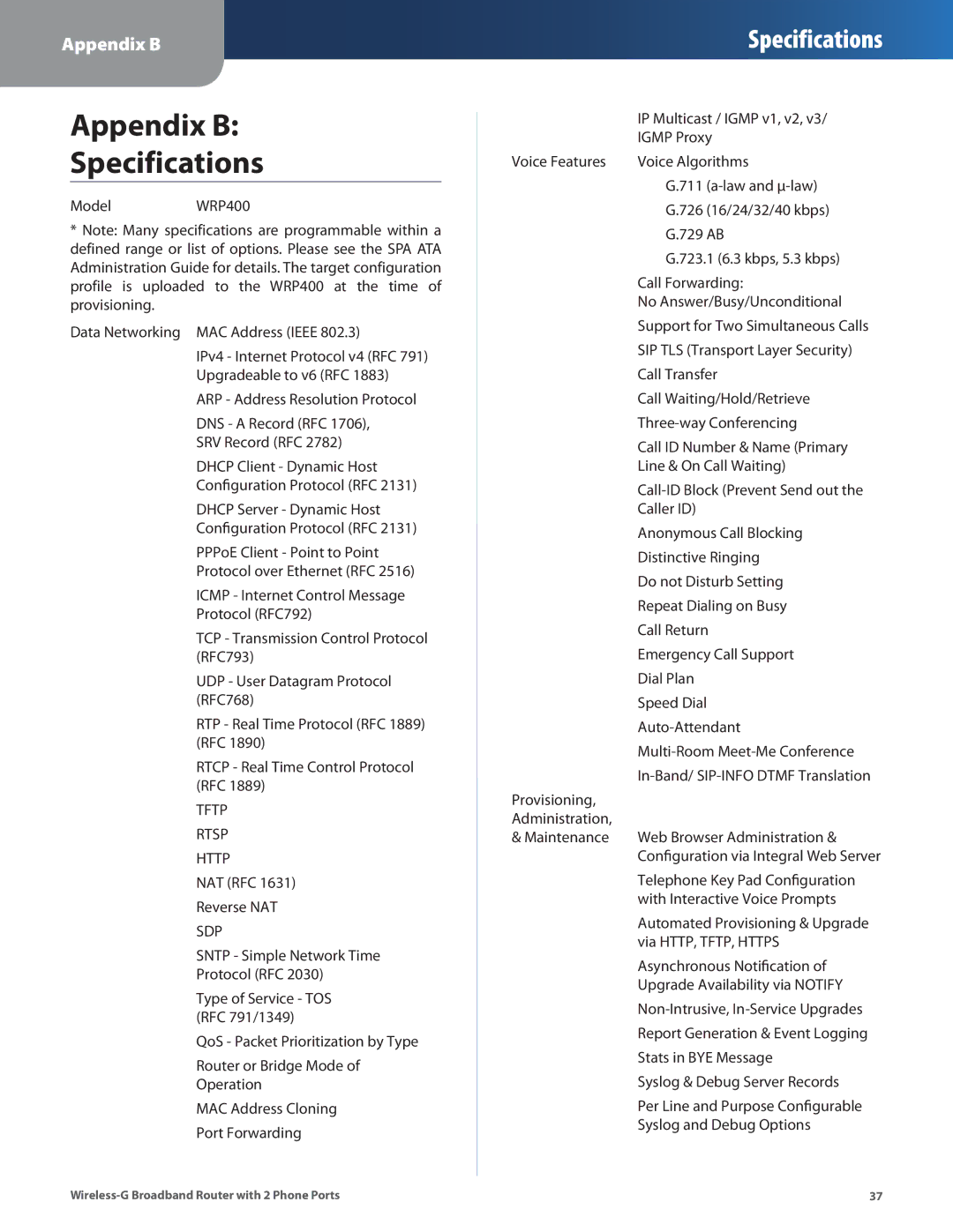 Linksys WRP400 manual Appendix B Specifications, Tftp Rtsp Http 