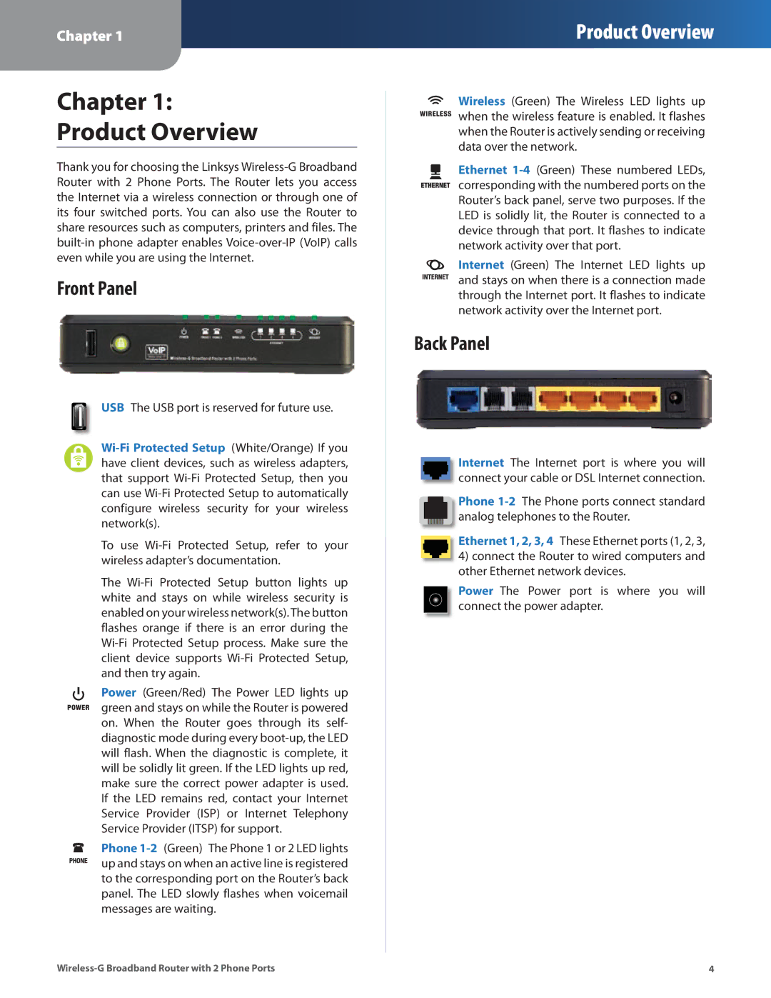 Linksys WRP400 manual Chapter Product Overview, Front Panel, Back Panel 