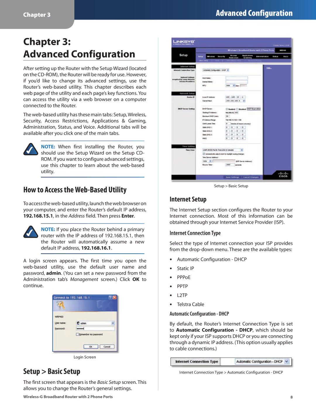 Linksys WRP400 Chapter Advanced Configuration, How to Access the Web-Based Utility, Setup Basic Setup, Internet Setup 