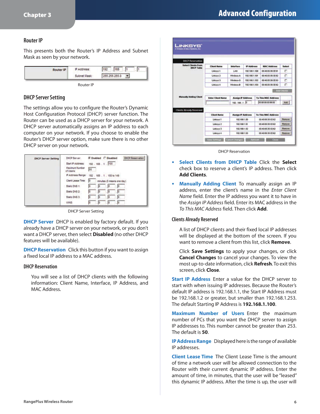 Linksys WRT100 manual Router IP, Dhcp Server Setting, Dhcp Reservation, Clients Already Reserved 