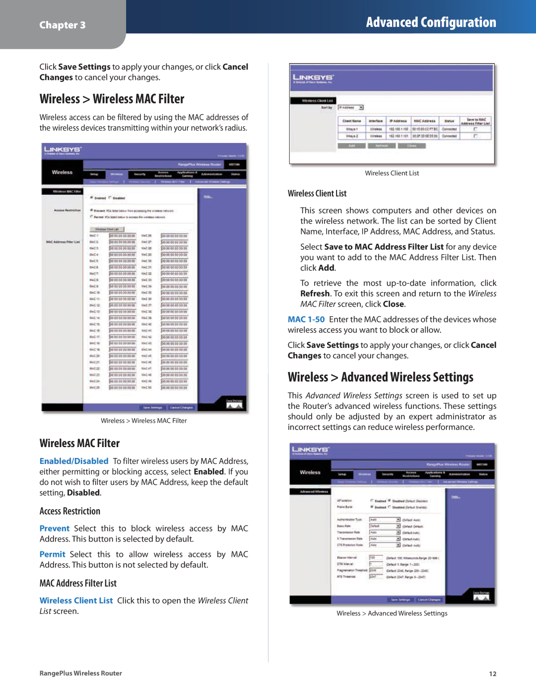 Linksys WRT100 manual Wireless Wireless MAC Filter, Access Restriction, MAC Address Filter List, Wireless Client List 