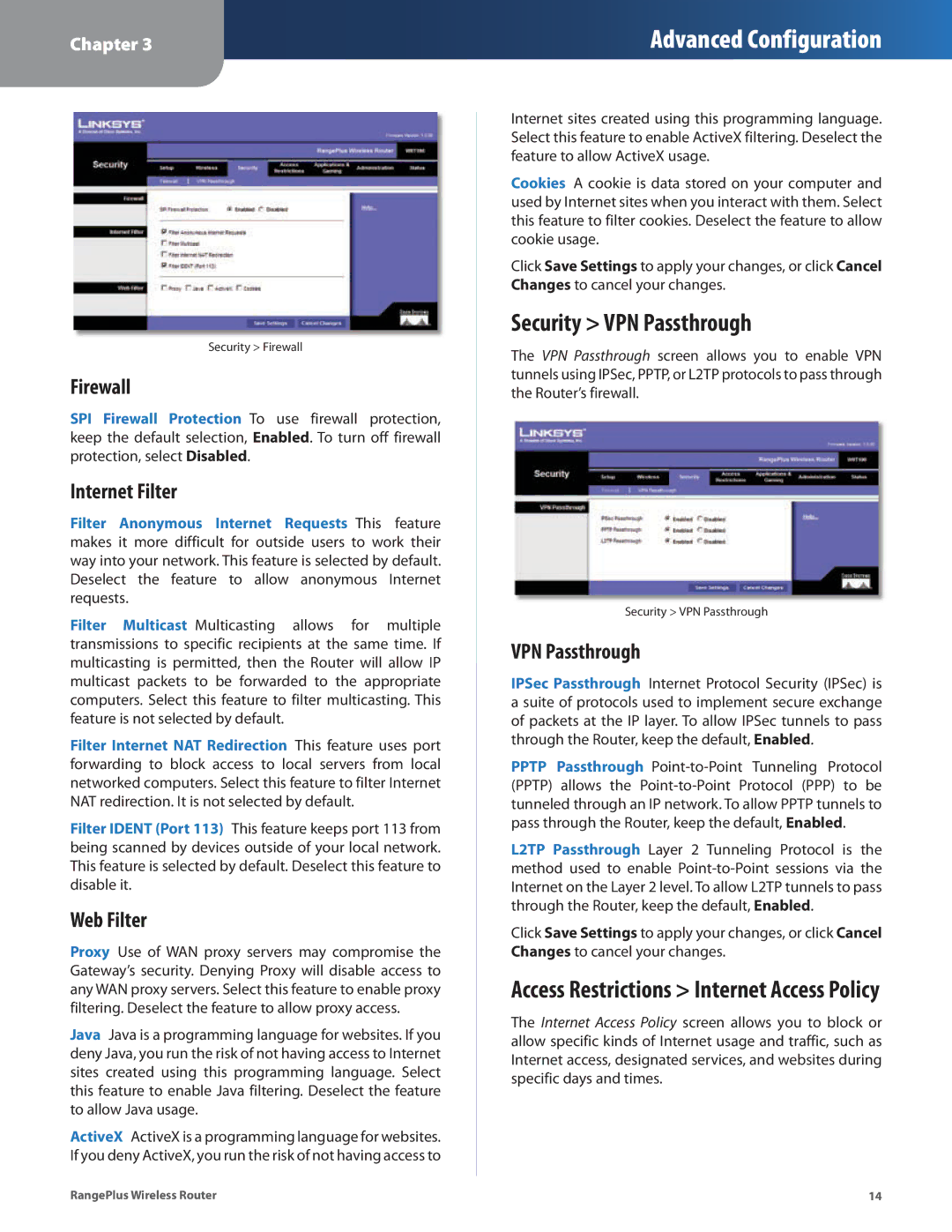 Linksys WRT100 manual Security VPN Passthrough, Firewall, Internet Filter, Web Filter 