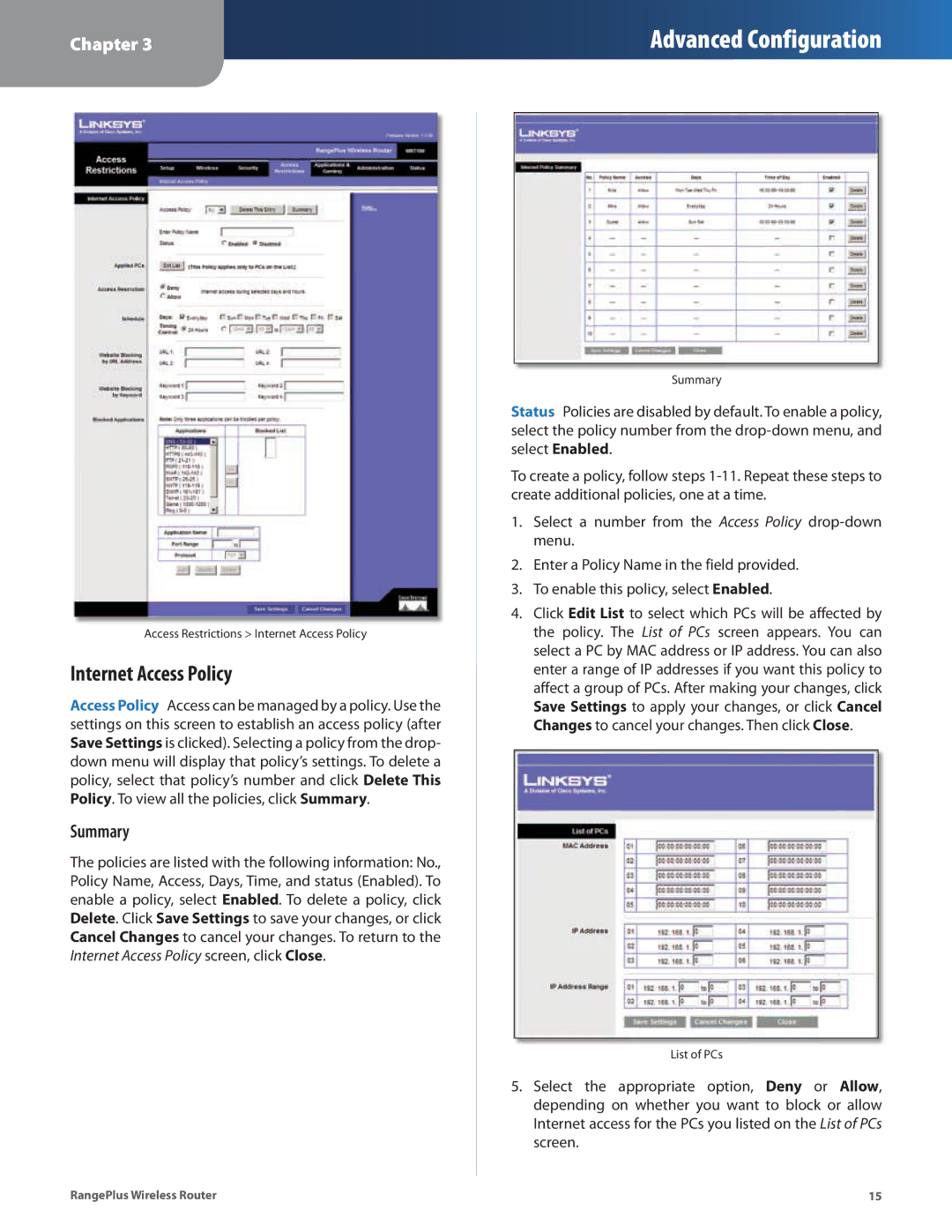 Linksys WRT100 manual Internet Access Policy, Summary 