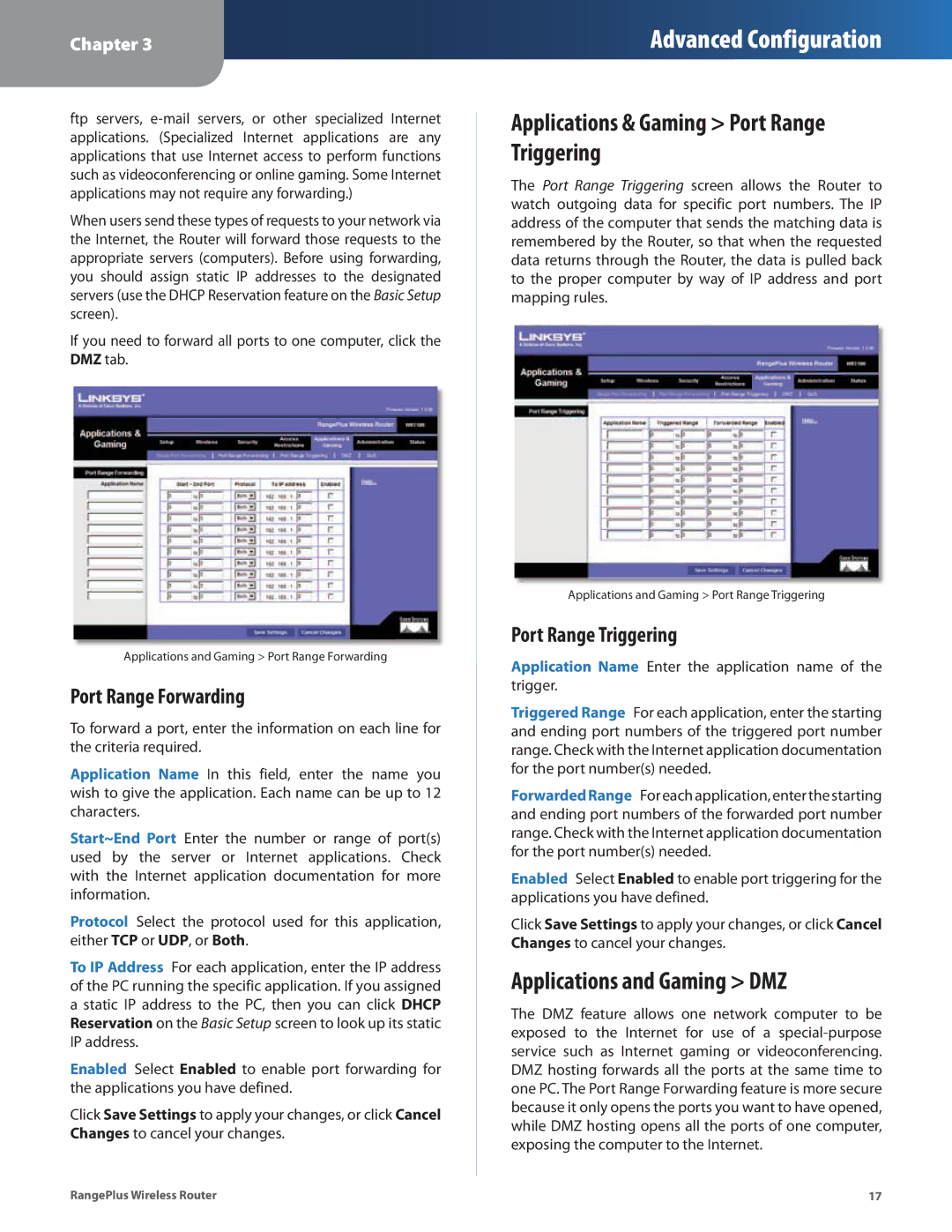 Linksys WRT100 manual Applications & Gaming Port Range Triggering, Applications and Gaming DMZ, Port Range Forwarding 