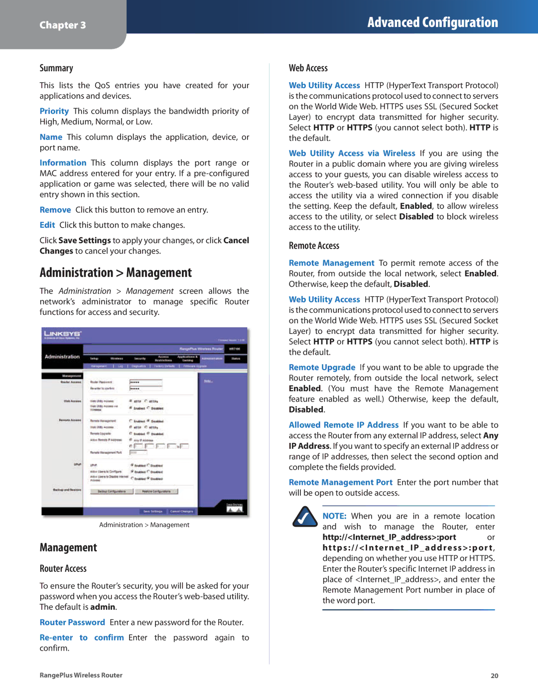 Linksys WRT100 manual Administration Management, Router Access, Web Access, Remote Access 