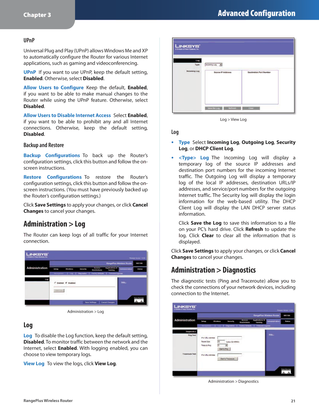 Linksys WRT100 manual Administration Log, Administration Diagnostics 