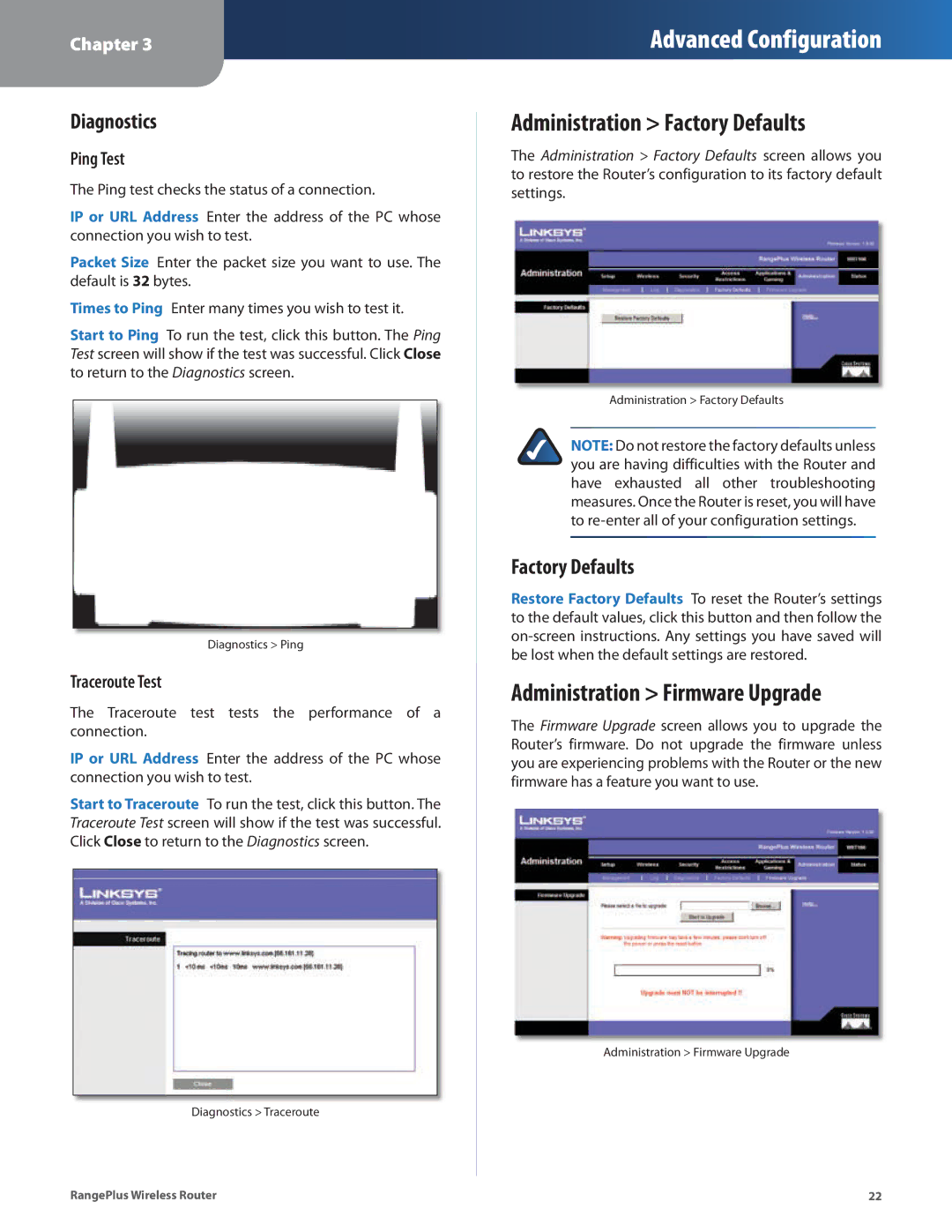 Linksys WRT100 manual Administration Factory Defaults, Administration Firmware Upgrade, Diagnostics 