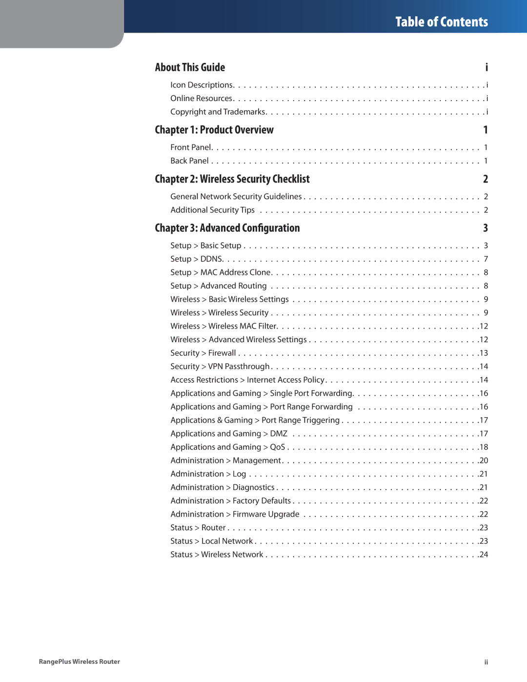 Linksys WRT100 manual Table of Contents 