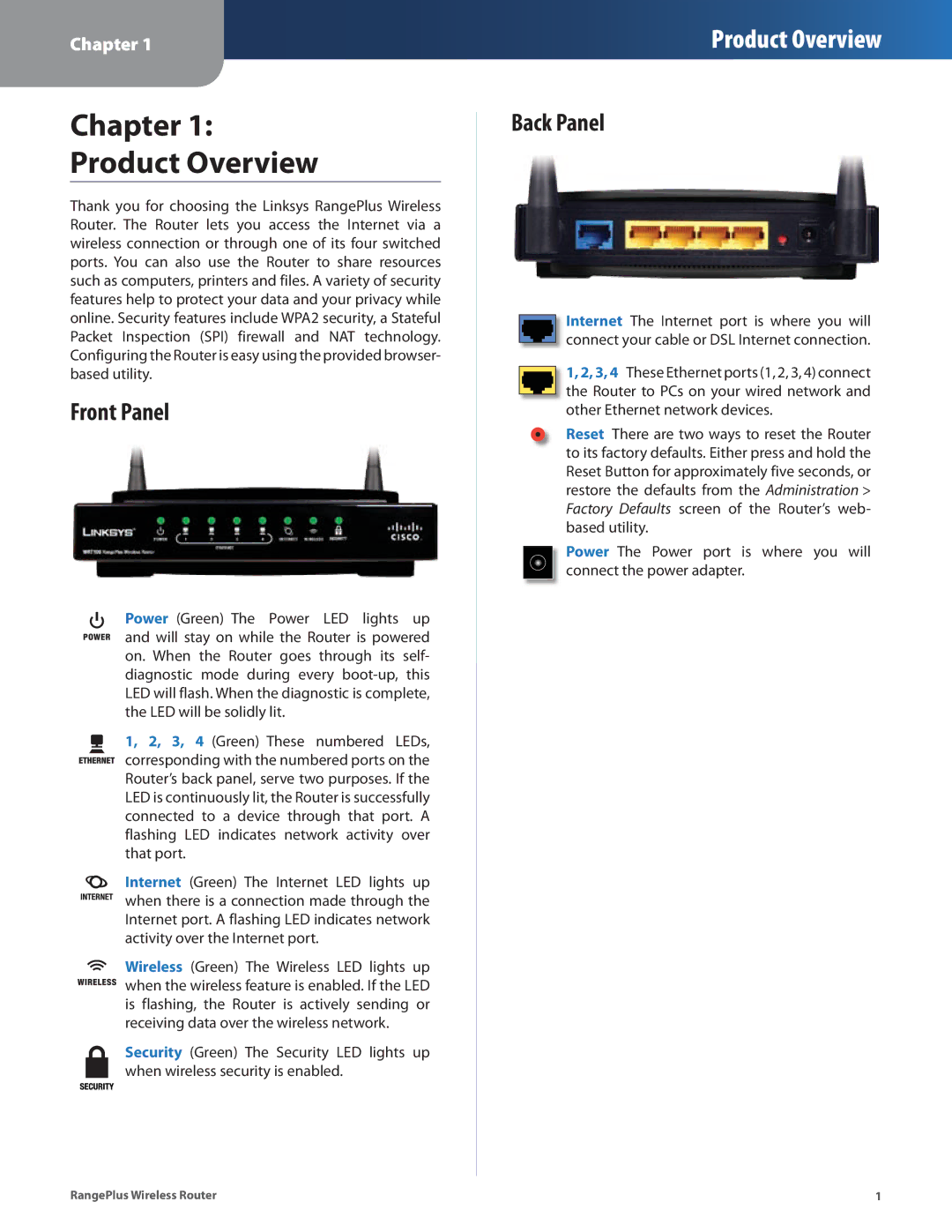 Linksys WRT100 manual Chapter Product Overview, Front Panel, Back Panel 