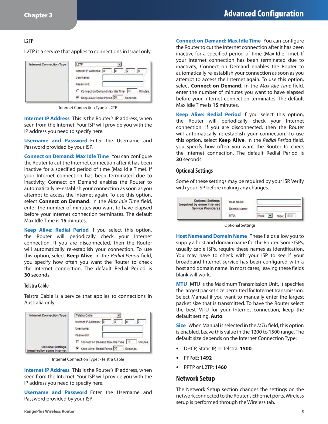 Linksys WRT100 manual Network Setup, Optional Settings, Telstra Cable 