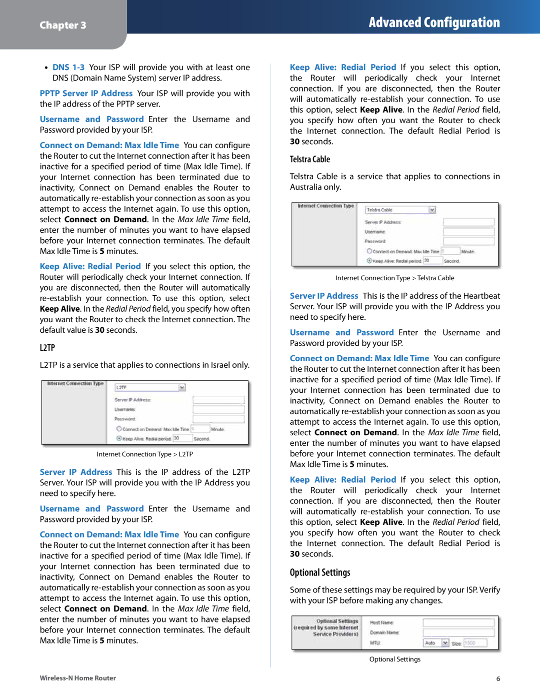 Linksys WRT120N manual Optional Settings, L2TP, Telstra Cable 