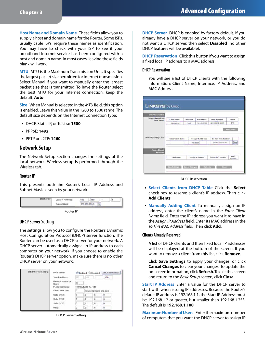 Linksys WRT120N manual Network Setup, Router IP, Dhcp Server Setting, Dhcp Reservation, Clients Already Reserved 