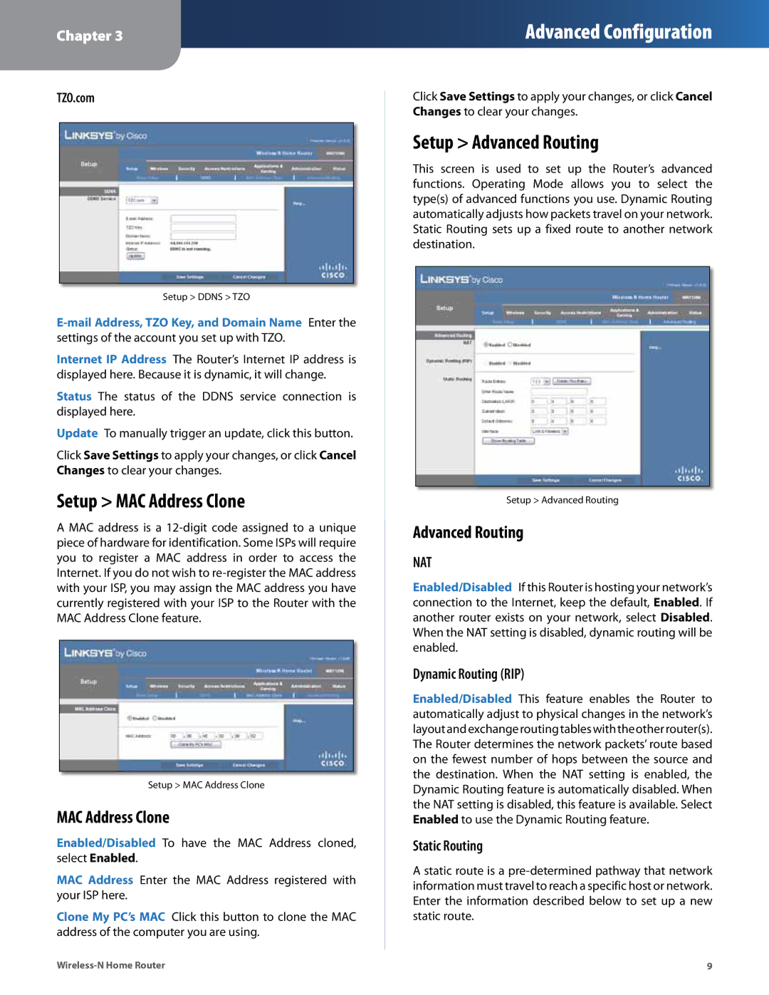 Linksys WRT120N manual Setup MAC Address Clone, Setup Advanced Routing 