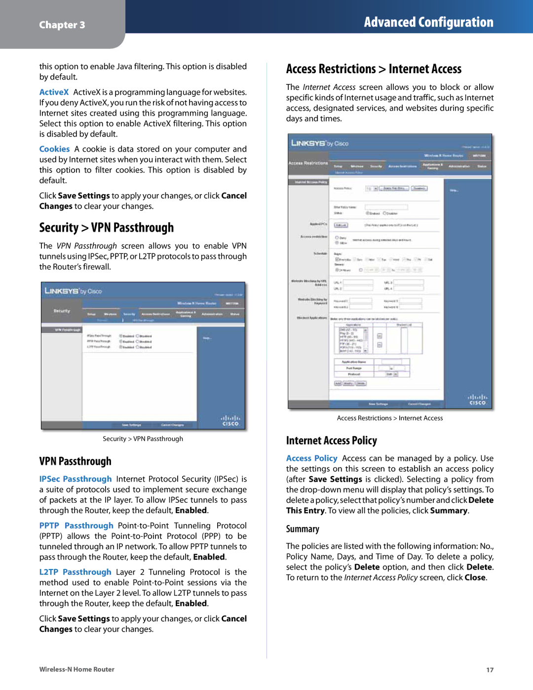 Linksys WRT120N manual Security VPN Passthrough, Internet Access Policy, Summary 