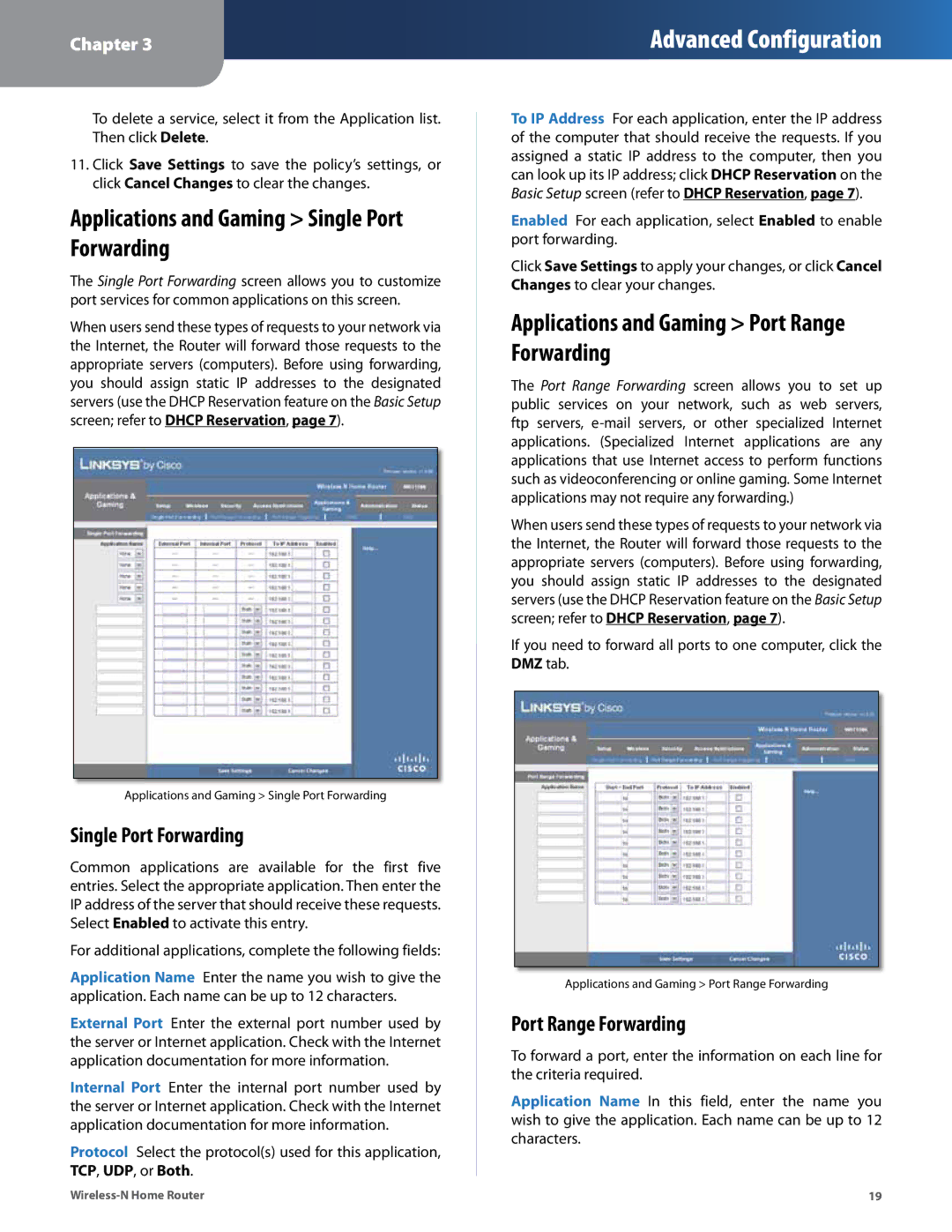 Linksys WRT120N manual Applications and Gaming Single Port Forwarding, Applications and Gaming Port Range Forwarding 