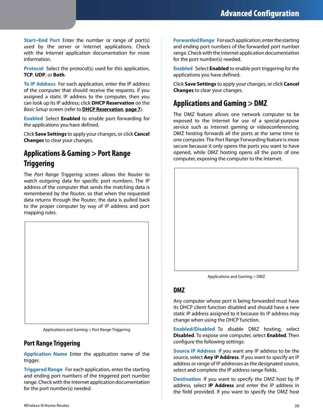 Linksys WRT120N manual Applications & Gaming Port Range Triggering, Applications and Gaming DMZ 