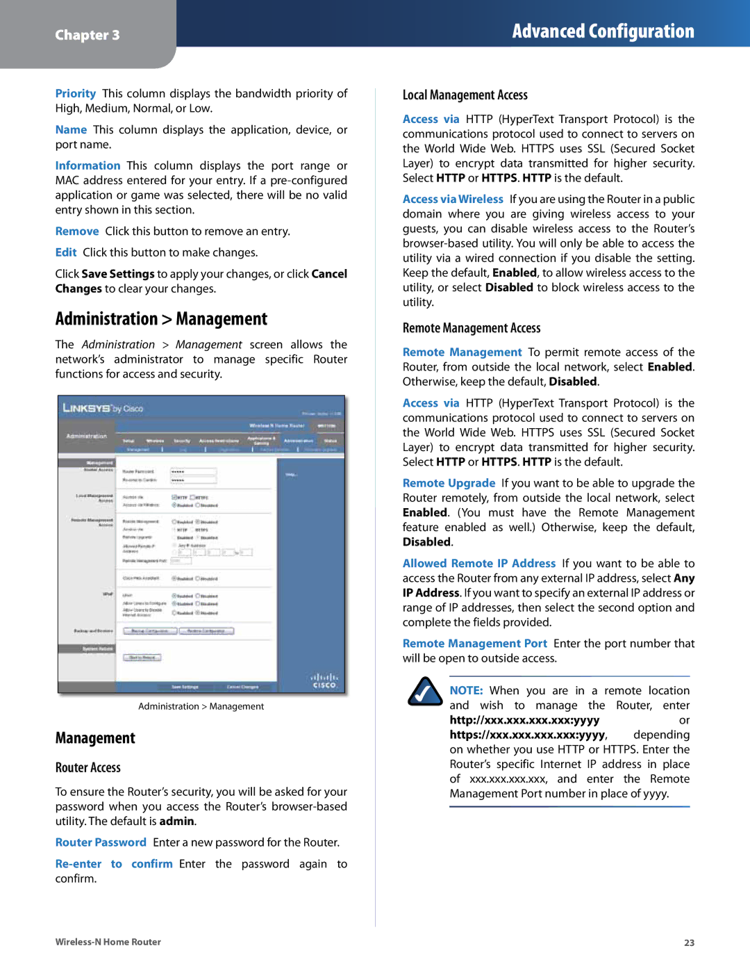 Linksys WRT120N manual Administration Management, Router Access, Local Management Access, Remote Management Access 