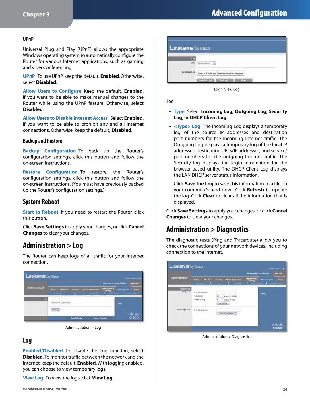 Linksys WRT120N manual Administration Log, Administration Diagnostics, System Reboot 