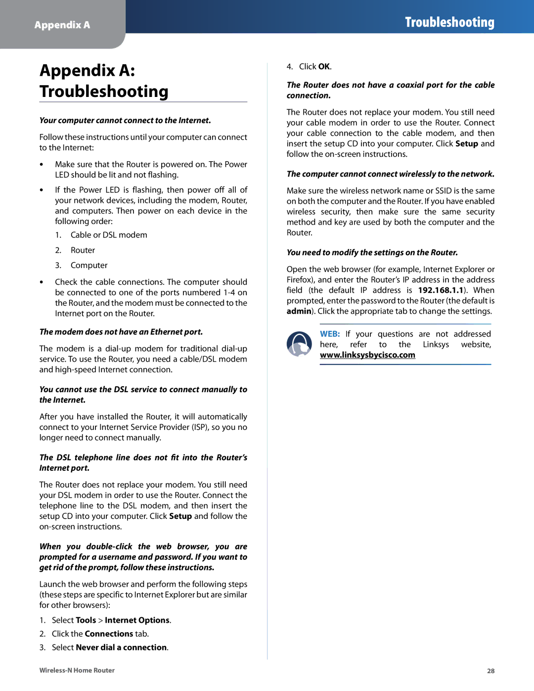 Linksys WRT120N manual Appendix a Troubleshooting 