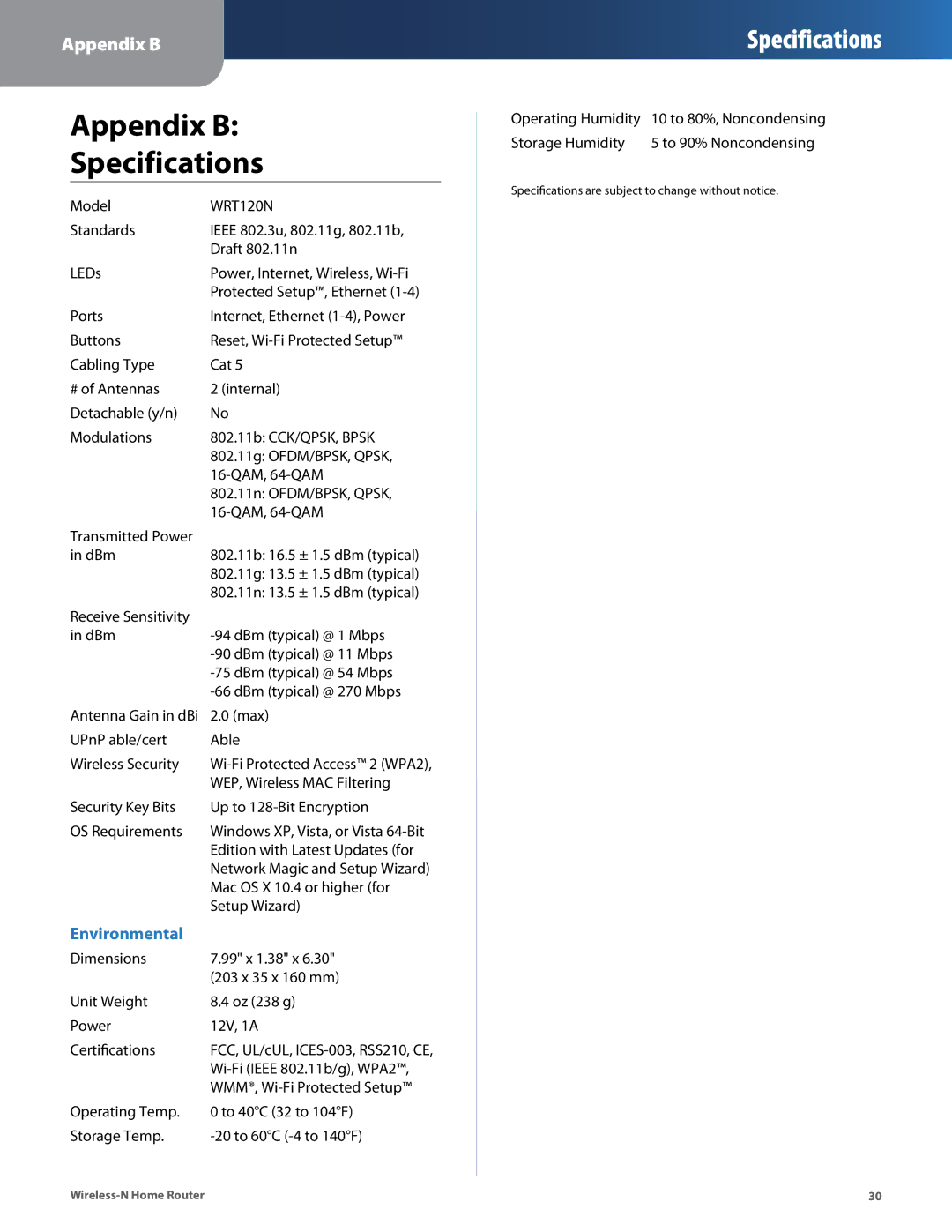 Linksys WRT120N manual Appendix B Specifications 