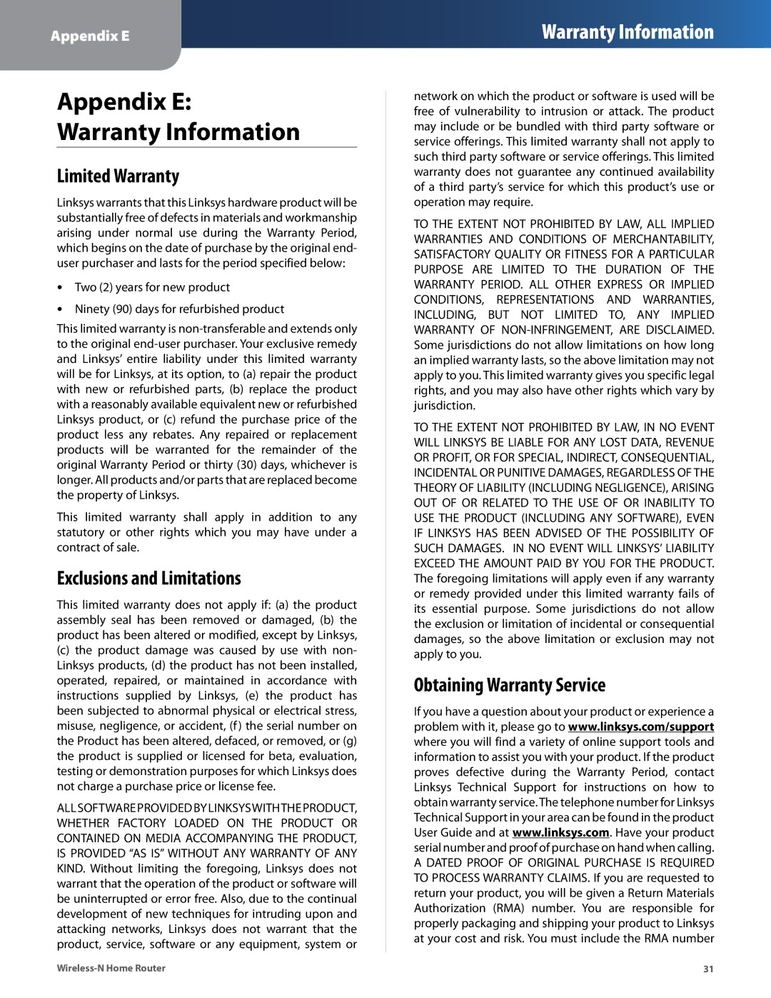 Linksys WRT120N manual Limited Warranty, Exclusions and Limitations, Obtaining Warranty Service 