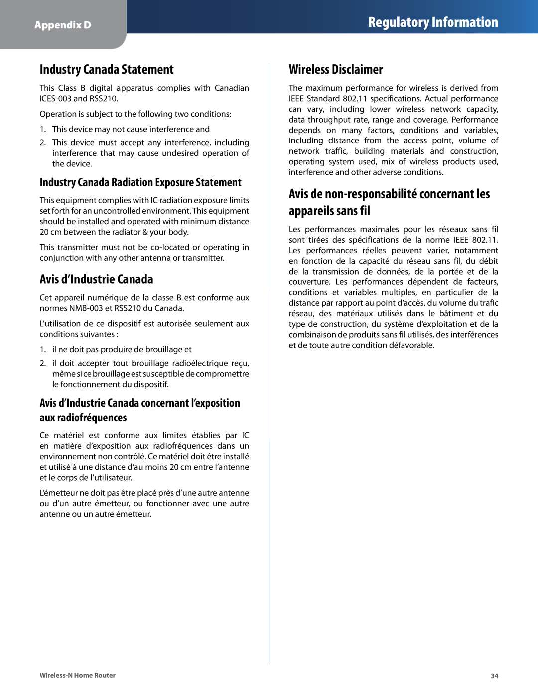 Linksys WRT120N manual Industry Canada Statement, Avis d’Industrie Canada, Wireless Disclaimer 