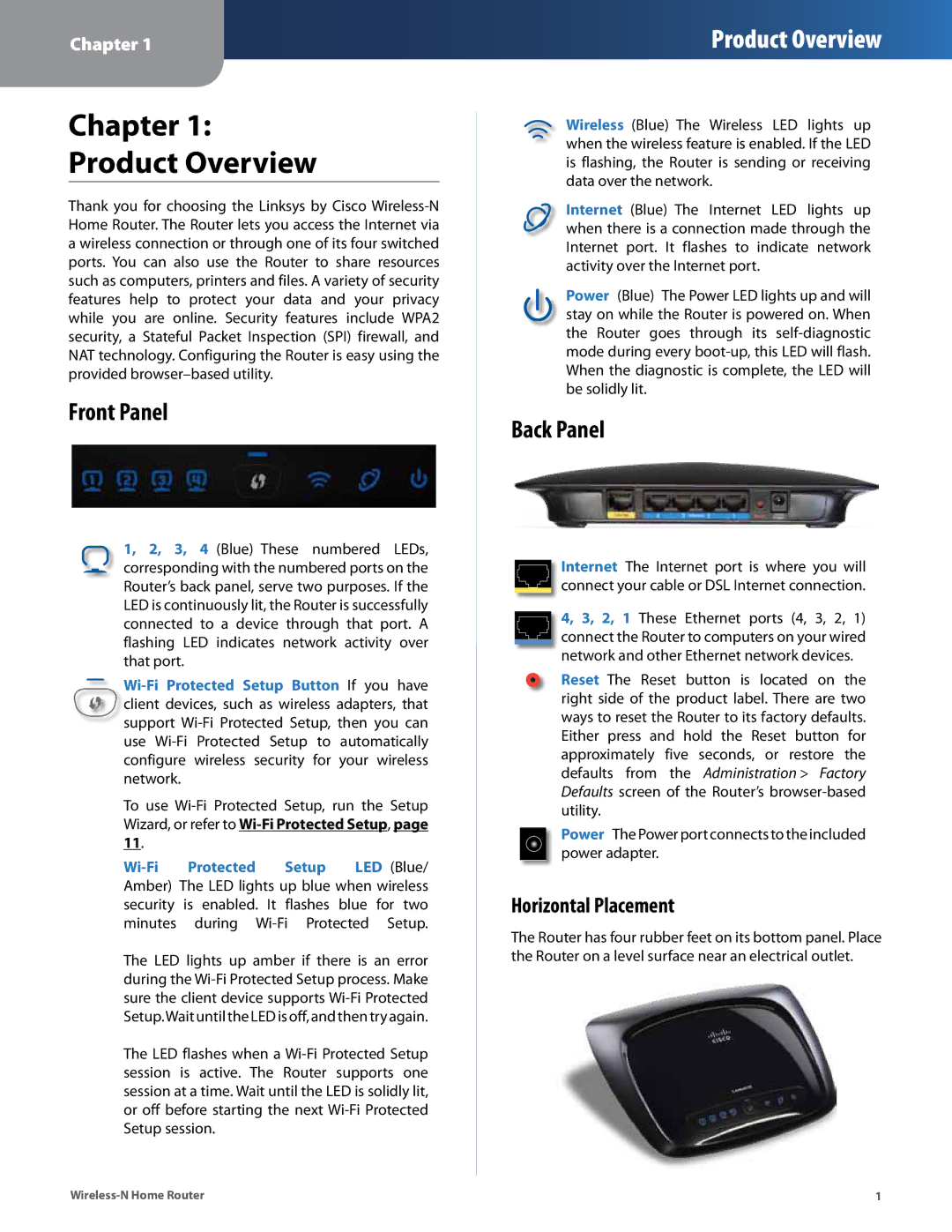 Linksys WRT120N manual Front Panel, Back Panel, Horizontal Placement 