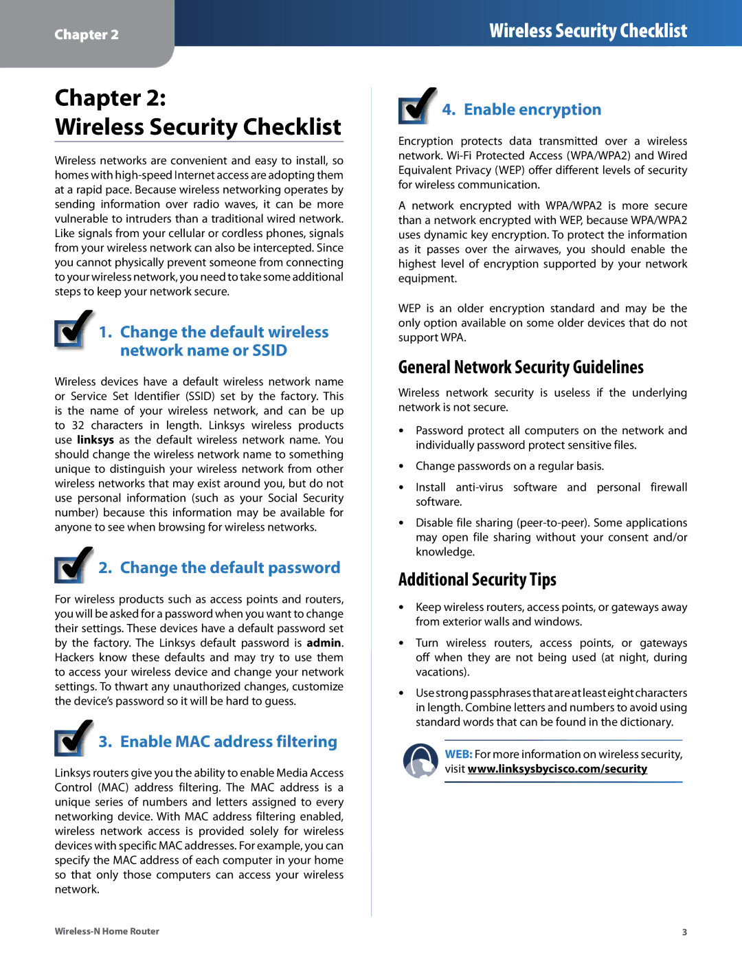 Linksys WRT120N manual General Network Security Guidelines, Additional Security Tips 