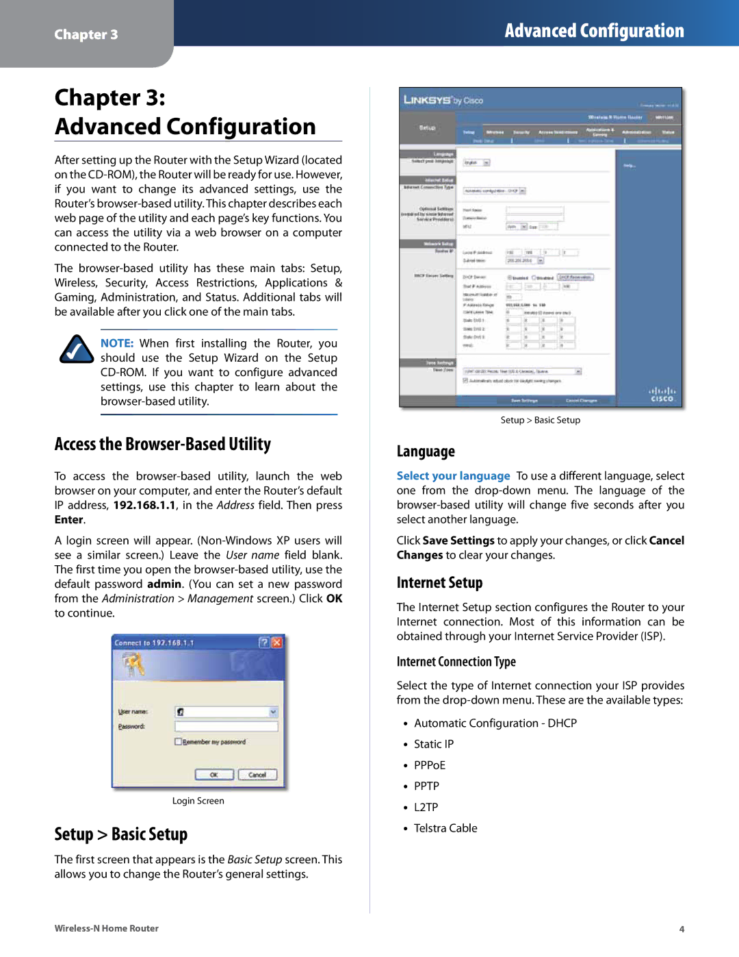 Linksys WRT120N Access the Browser-Based Utility, Setup Basic Setup, Language, Internet Setup, Internet Connection Type 