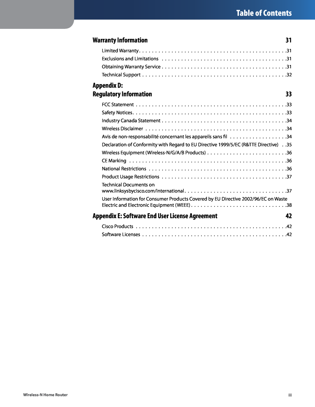 Linksys WRT120N manual Table of Contents, Warranty Information, Appendix D, Regulatory Information 