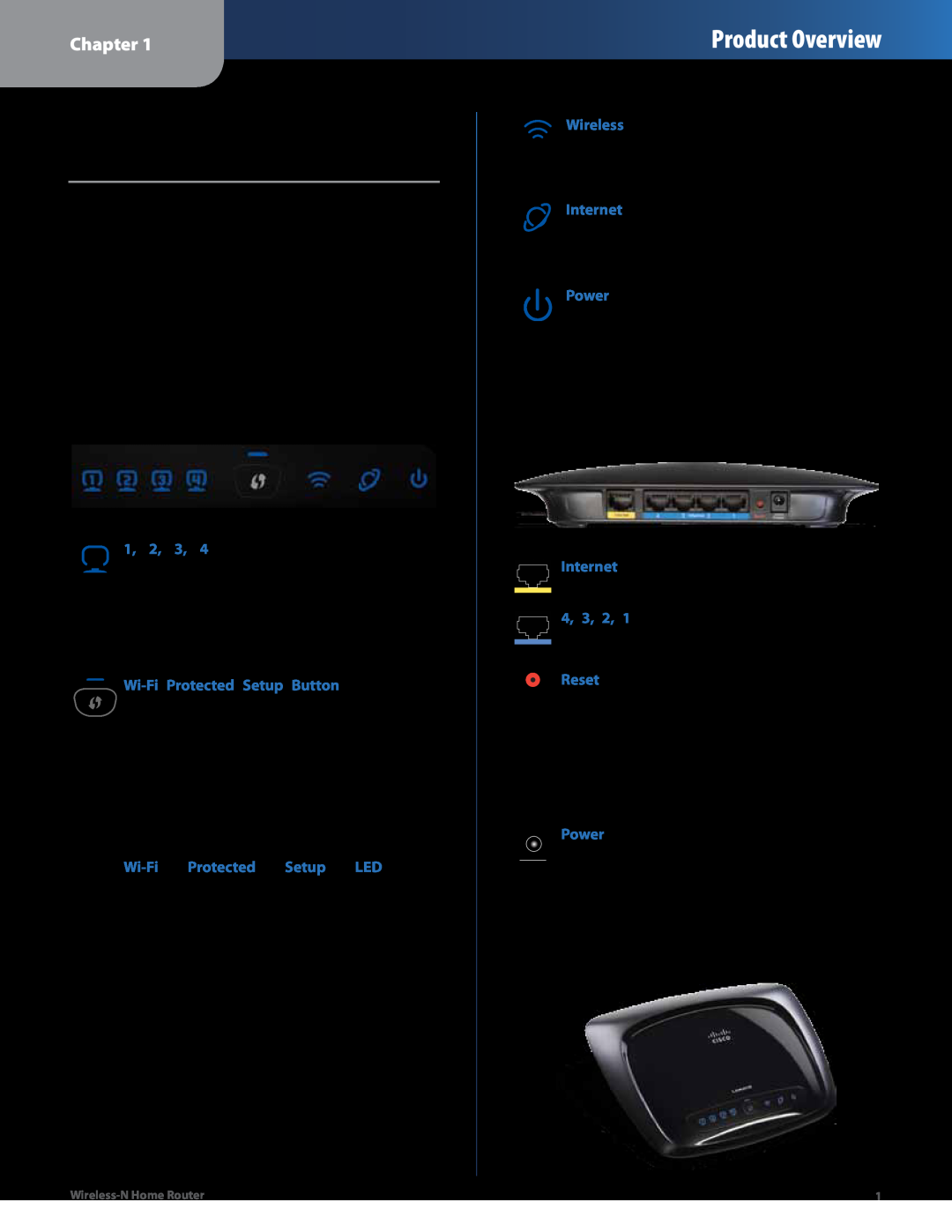 Linksys WRT120N manual Chapter Product Overview, Front Panel, Back Panel 