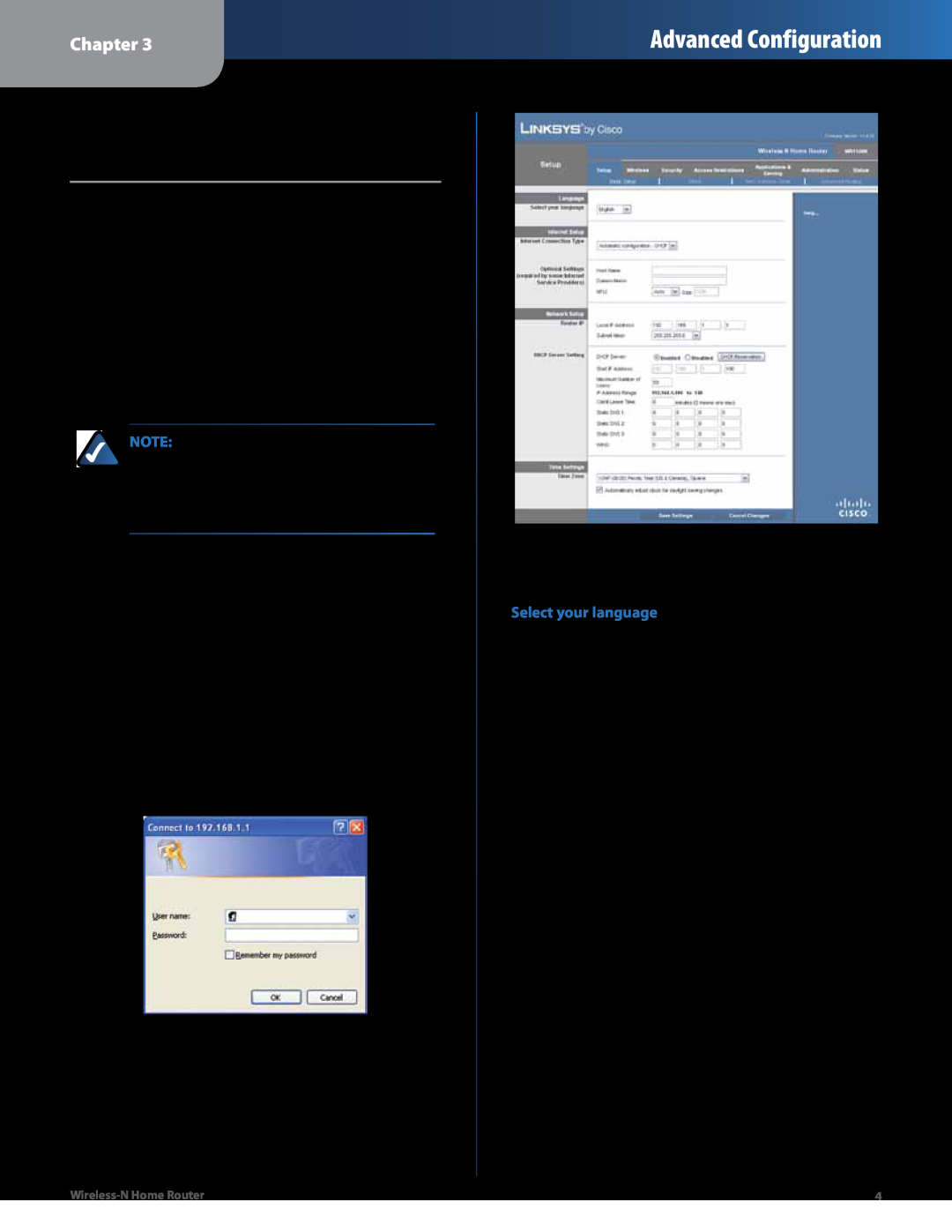 Linksys WRT120N manual Chapter Advanced Configuration, Access the Browser-Based Utility, Setup Basic Setup 