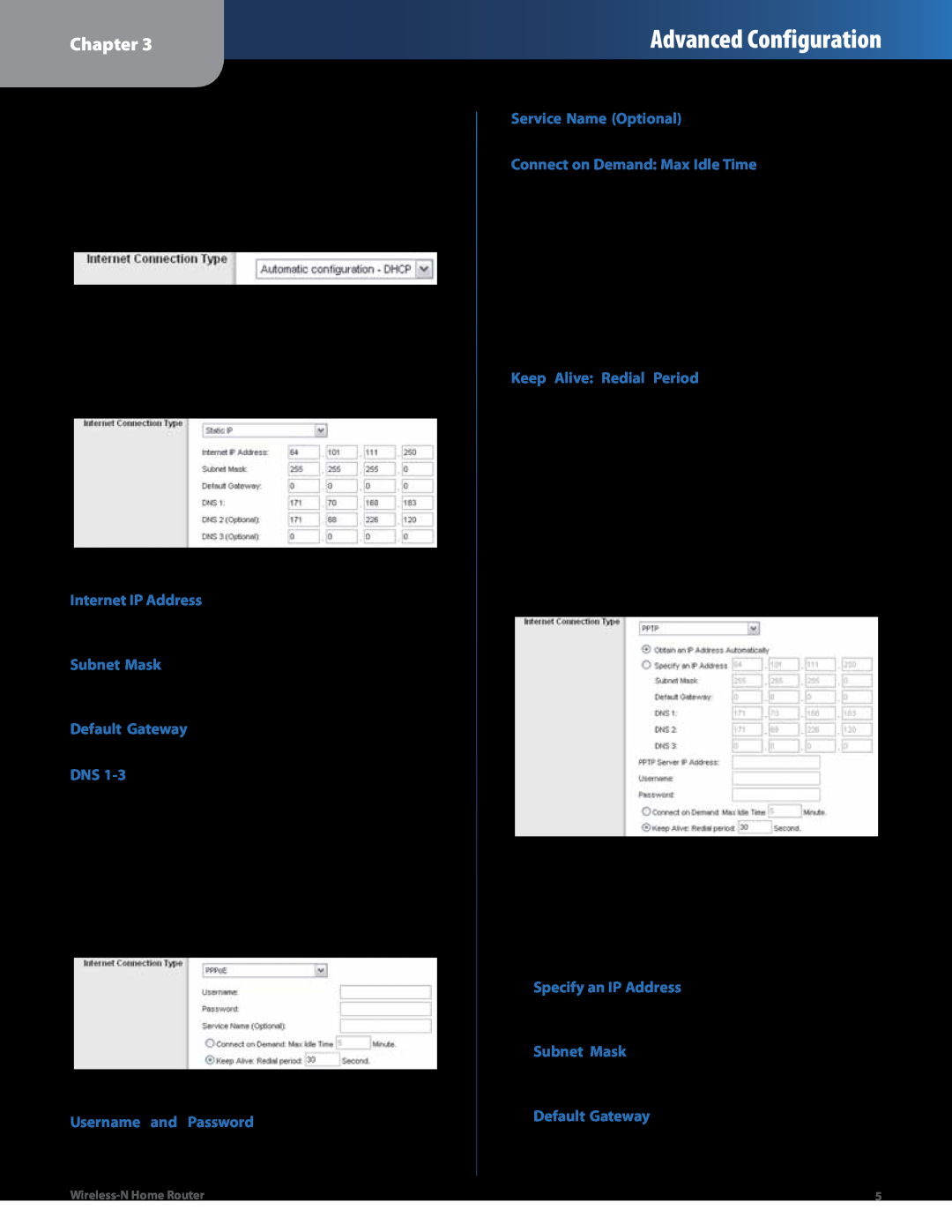 Linksys WRT120N manual Advanced Configuration, Chapter, Automatic Configuration - DHCP, Static IP, PPPoE, Pptp 