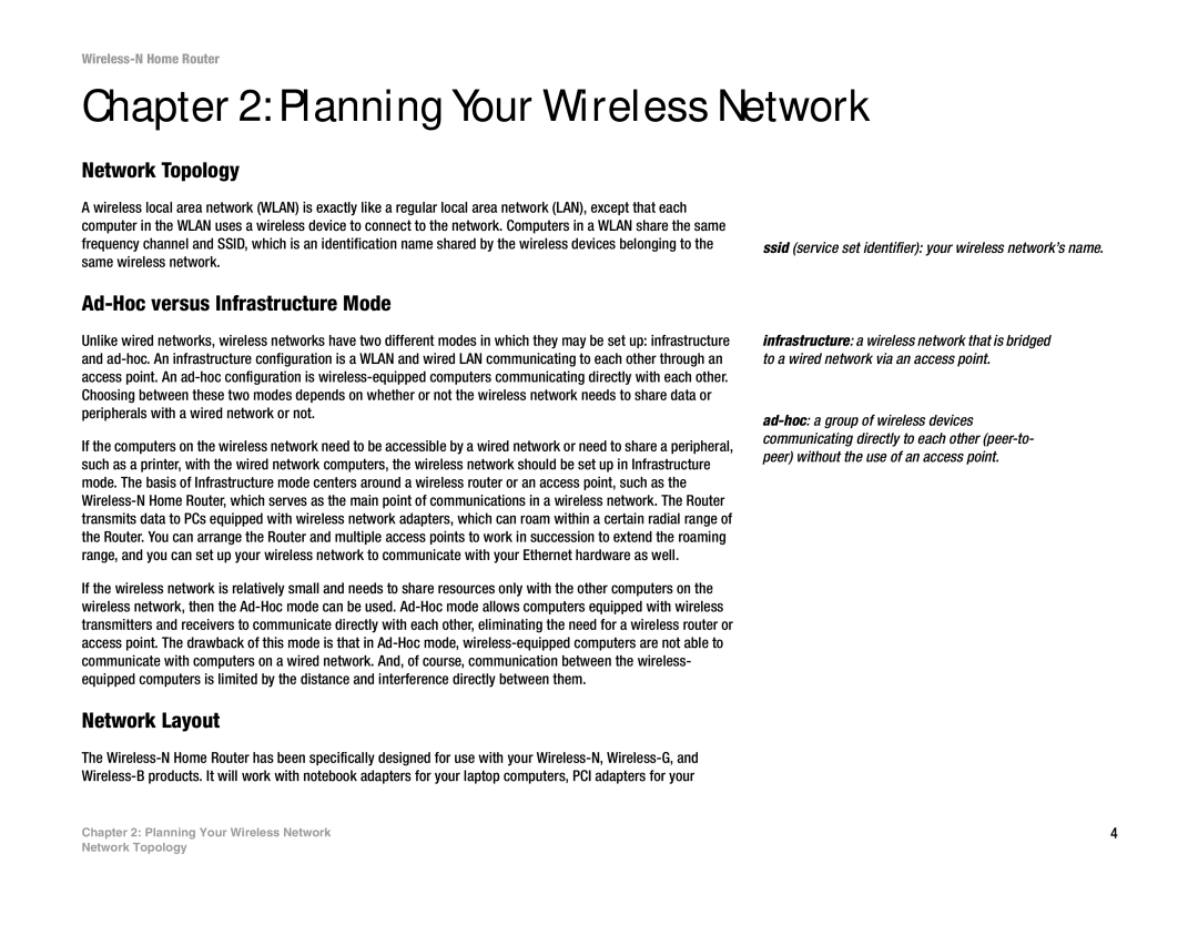 Linksys WRT150N manual Planning Your Wireless Network, Network Topology, Ad-Hoc versus Infrastructure Mode, Network Layout 