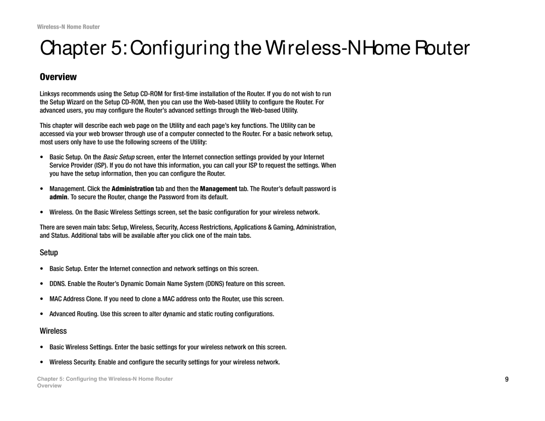 Linksys WRT150N manual Configuring the Wireless-N Home Router, Overview, Setup 