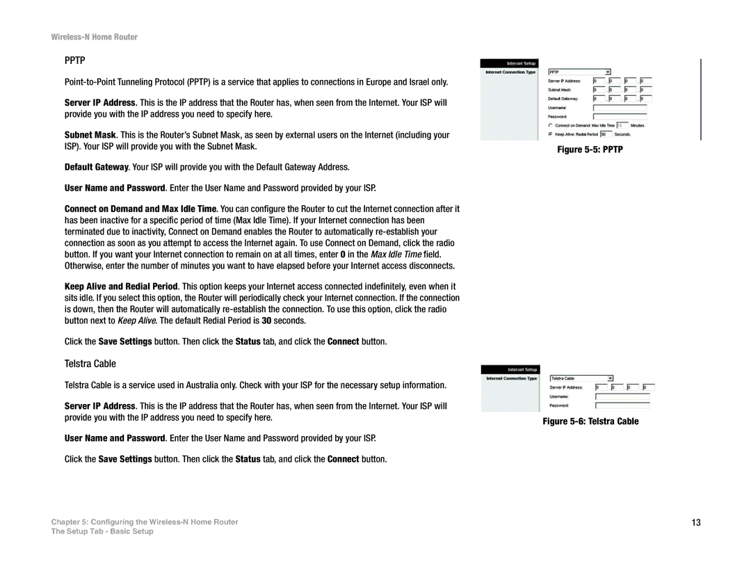 Linksys WRT150N manual Pptp, Telstra Cable 