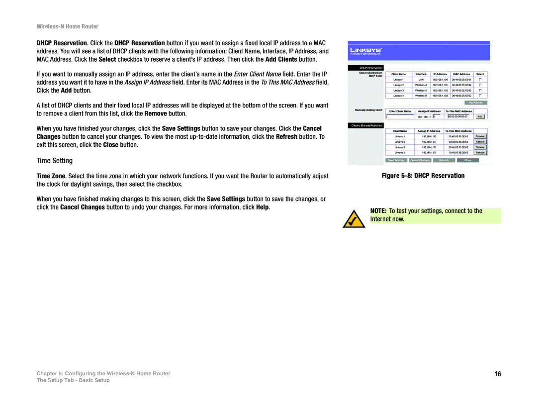 Linksys WRT150N manual Time Setting, Dhcp Reservation 