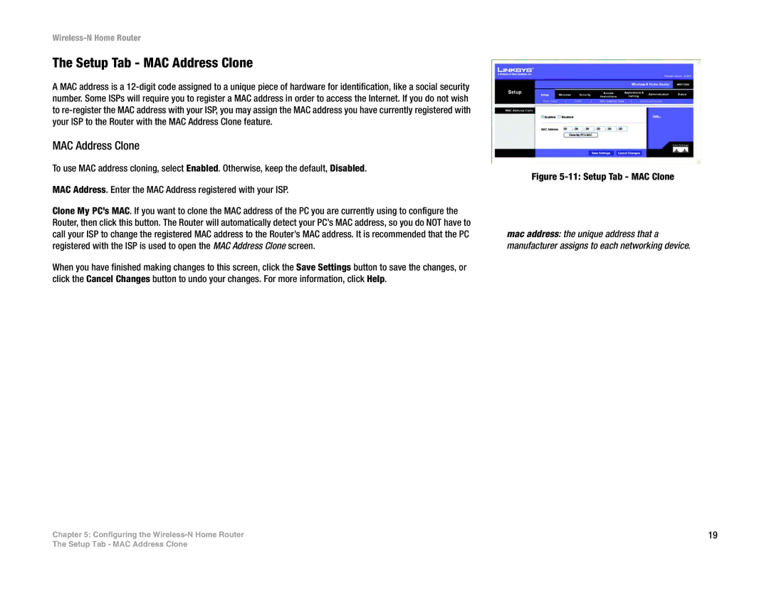 Linksys WRT150N manual Setup Tab MAC Address Clone 