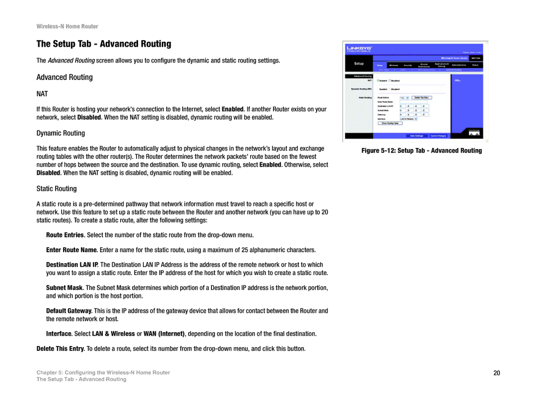 Linksys WRT150N manual Setup Tab Advanced Routing, Dynamic Routing, Static Routing 