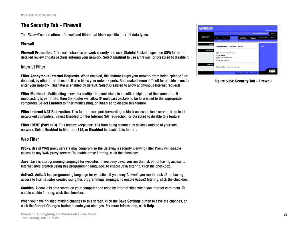 Linksys WRT150N manual Security Tab Firewall, Internet Filter, Web Filter 