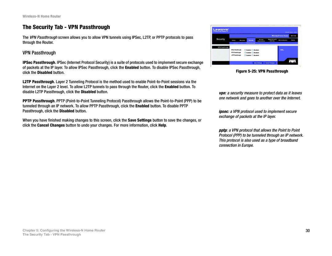 Linksys WRT150N manual Security Tab VPN Passthrough 