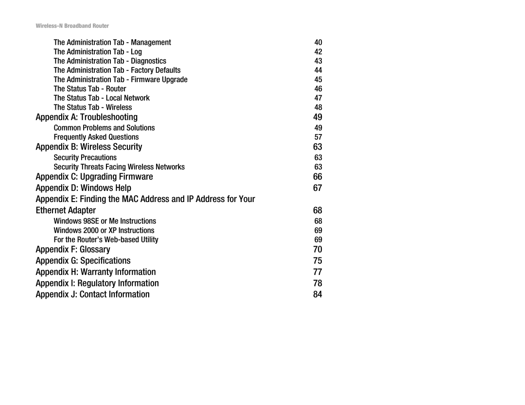 Linksys WRT150N manual Appendix a Troubleshooting, Appendix B Wireless Security, Ethernet Adapter 