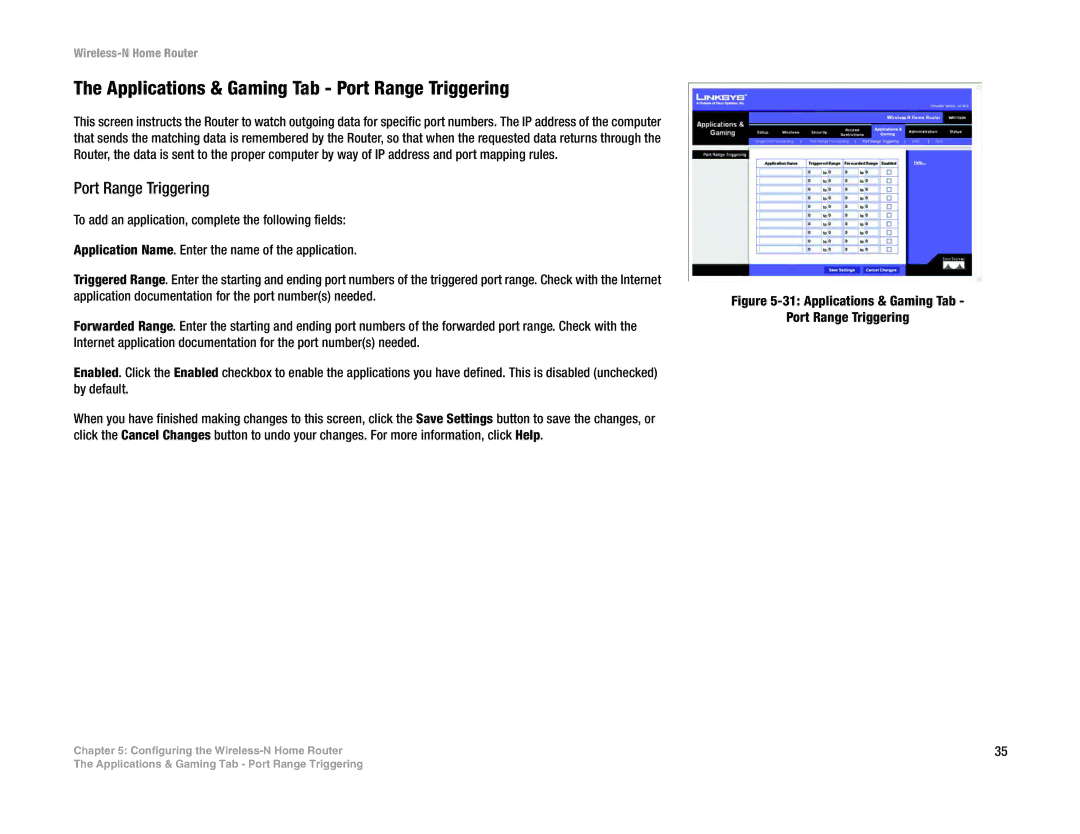 Linksys WRT150N manual Applications & Gaming Tab Port Range Triggering 