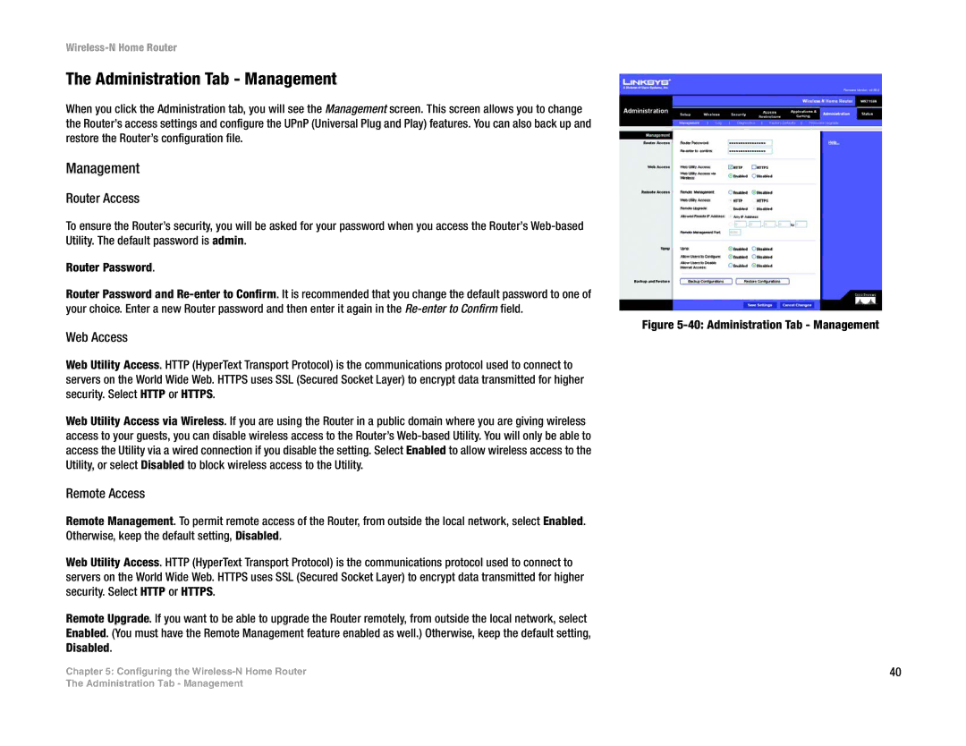 Linksys WRT150N manual Administration Tab Management, Router Access, Web Access, Remote Access 