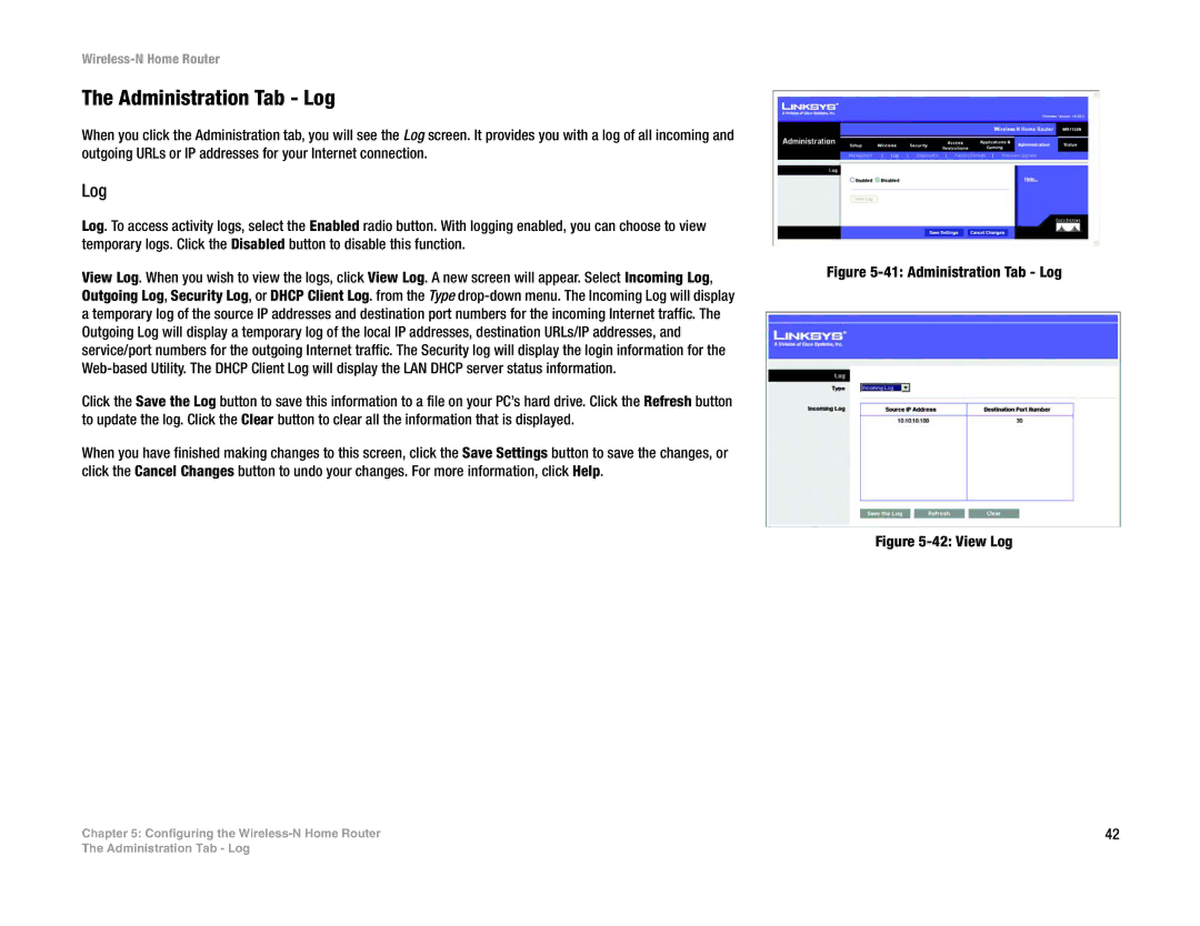 Linksys WRT150N manual Administration Tab Log 